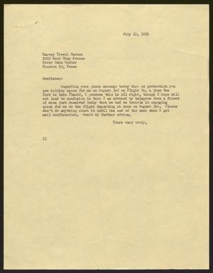 [Letter from I. H. Kempner to Harvey Travel Bureau - July 12, 1956]