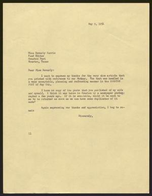 [Letter from I. H. Kempner to Miss Beverly Harris of the Houston Post - May 9, 1956]