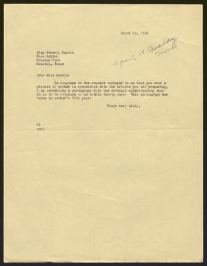 [Letter from I. H. Kempner to Miss Beverly Harris at the Houston Post - March 19, 1956]