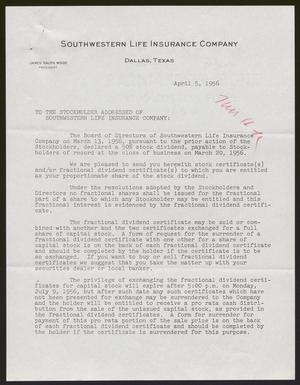 [Letter from Southwestern Life Insurance Company - April 5, 1956]
