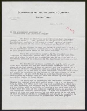[Letter from Southwestern Life Insurance Company -  April 5, 1956]