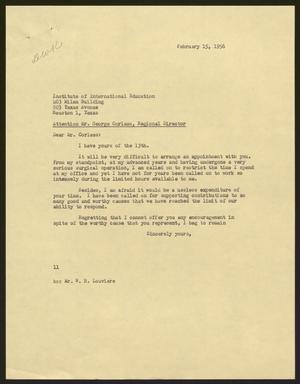 [Letter from I. H. Kempner to Mr. George Corless at the Institute of International Education, February 15, 1956]