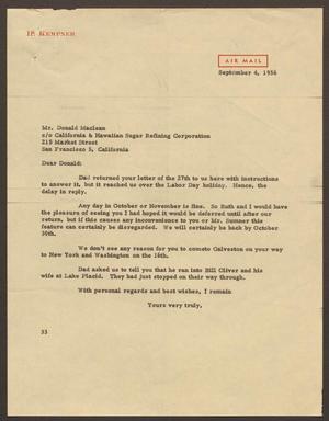 [Letter from Harris Leon Kempner to Mr. Donald Maclean, September 4, 1956]
