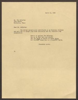 [Letter from Isaac Herbert Kempner to Tom McCarthy, March 15, 1956]