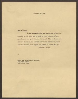 [Letter from I. H. Kempner to Judge and Mrs. Russel Markwell, January 16, 1956]