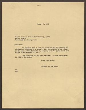 Primary view of object titled '[Letter from Isaac H. Kempner to the Mellon National Bank & Trust Company, January 3, 1956]'.