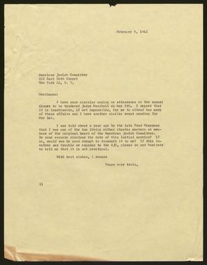 [Letter from I. H. Kempner to American Jewish Committee, February 9, 1962]