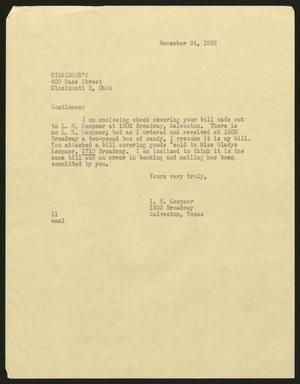 [Letter from Isaac H. Kempner to Bissinger's, November 24, 1962]