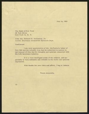 [Letter from Isaac H. Kempner to The Bank of New York, July 14, 1962]