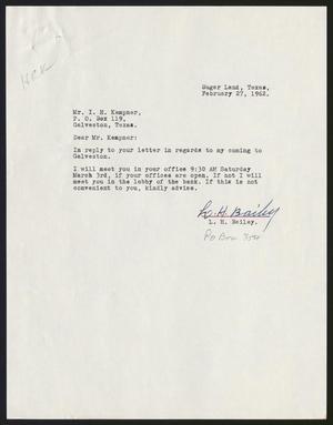 [Letter from L. H. Bailey to Isaac Herbert Kempner, February 27, 1962]