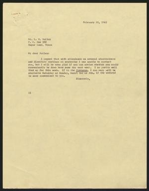 [Letter from Isaac H. Kempner to L. H. Bailey, February 20, 1962]