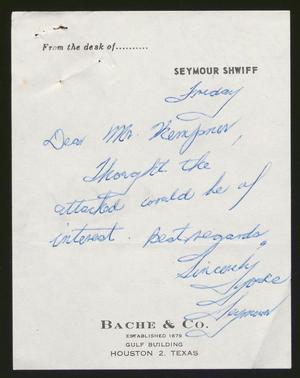 [Letter from Seymour Shwiff to I. H. Kempner, 1962]