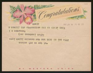 Primary view of object titled '[Telegram from Marion Law Sr. and Jr. to I. H. Kempner, January 14, 1962]'.