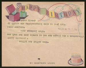 [Telegram from Millie and Julian Rauh to Isaac Kempner, January 14, 1962]