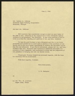 [Letter from I. H. Kempner to Lawton M. Calhoun, June 2, 1962]