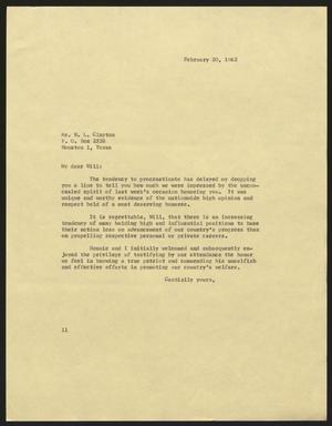 [Letter from Isaac H. Kempner to W. L. Clayton, February 20, 1962]