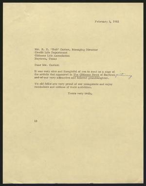 [Letter from Isaac H. Kempner to R. K. Carter, February 3, 1962]