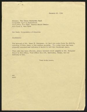 [Letter from Arthur M. Alpert to the Chase Manhattan Bank, January 29, 1962]