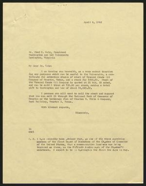 Primary view of object titled '[Letter from Isaac H. Kempner to Fred C. Cole, April 6, 1962]'.