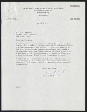 [Letter from Irvin A. Hoff to Isaac H. Kempner, April 9, 1962]