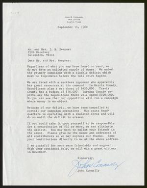 [Letter from John Connally to Mr. and Mrs. Isaac H. Kempner, September 14, 1962]