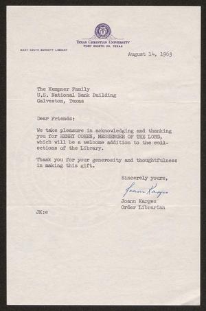 [Letter from Joann Karges, August 14, 1963]