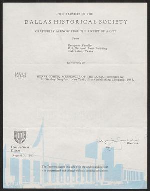 [Letter from The Trustees of the Dallas Historical Society to the Kempner Family, 1963]