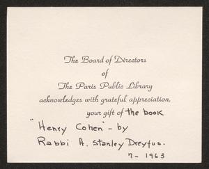 [Note from The Board of Directors of The Paris Public Library, July 1963]