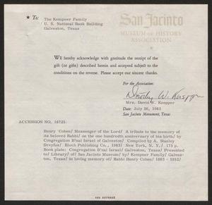 [Letter from The San Jacinto Museum of History Association to The Kempner Family, July 26, 1963]