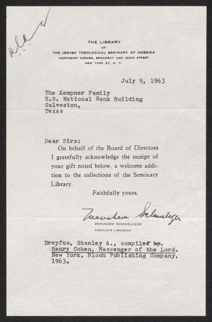 [Letter from Menahem Schmelczer, July 9, 1963]