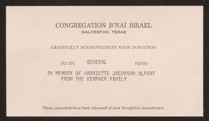 [Donation Acknowledgement Card from Congregation B'nai Israel]