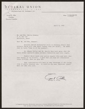 Primary view of object titled '[Letter from George V. Allen to Mr. and Mrs. Harris Kempner, April 8, 1965]'.