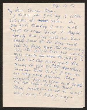 [Letter from Mrs. Fanny Hamburger to D. W. Kempner, February 19, 1951]