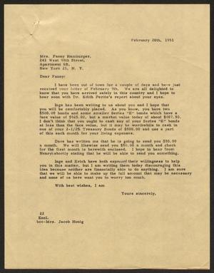 [Letter from D.W. Kempner to Mrs. Fanny Hamburger, February 20, 1951]