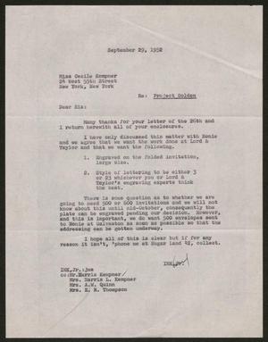 [Letter from I. H. Kempner, Jr. to Miss Cecile Kempner, September 29, 1952]