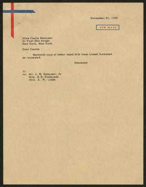[Letter from Harris Leon Kempner to Miss Cecile Kempner, November 29, 1952]