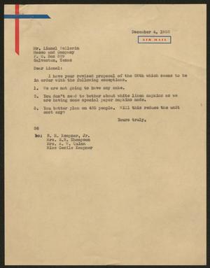 [Letter from Harris Leon Kempner to Mr. Lionel Fellerin, December 4, 1952]