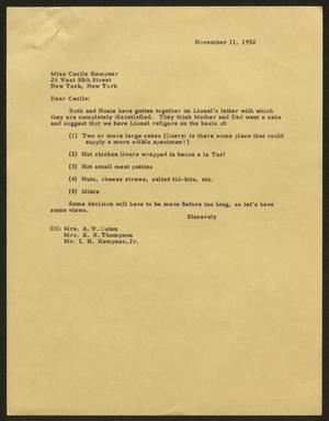 [Letter from Harris Leon Kempner to Miss Cecile Kempner, November 11, 1952]