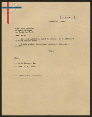 [Letter from Harris Leon Kempner to Miss Cecile Kempner, November 1, 1952]