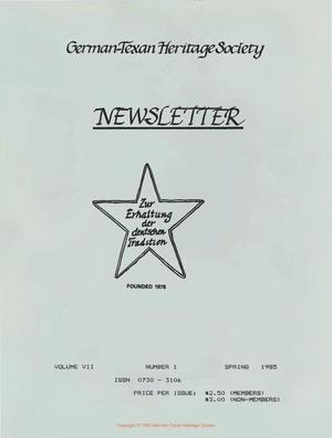 Primary view of object titled 'German-Texan Heritage Society Newsletter, Volume 7, Number 1, Spring 1985'.