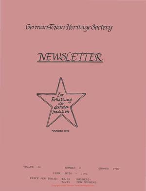 Primary view of object titled 'German-Texan Heritage Society Newsletter, Volume 9, Number 2, Summer 1987'.