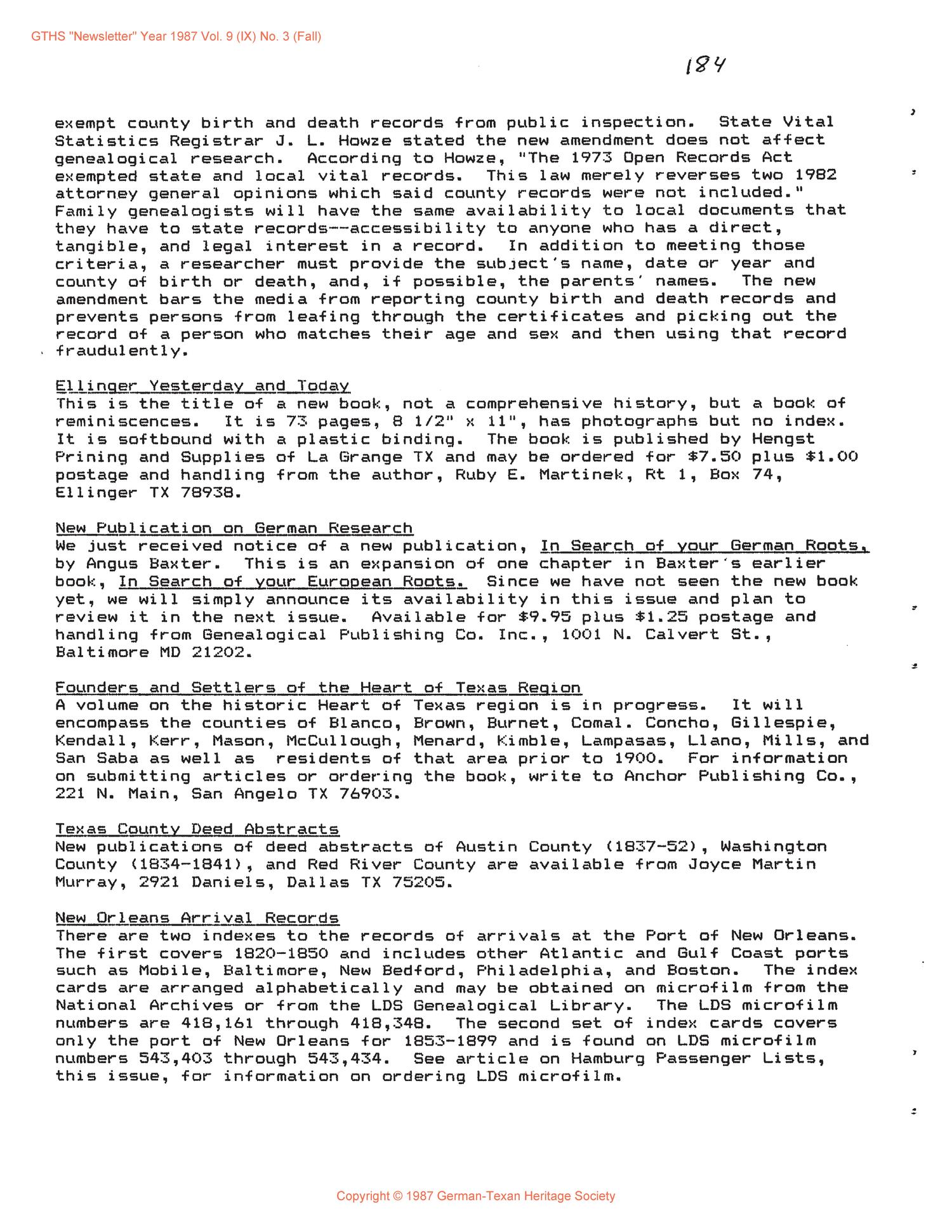 German-Texan Heritage Society Newsletter, Volume 9, Number 3, Fall 1987
                                                
                                                    184
                                                