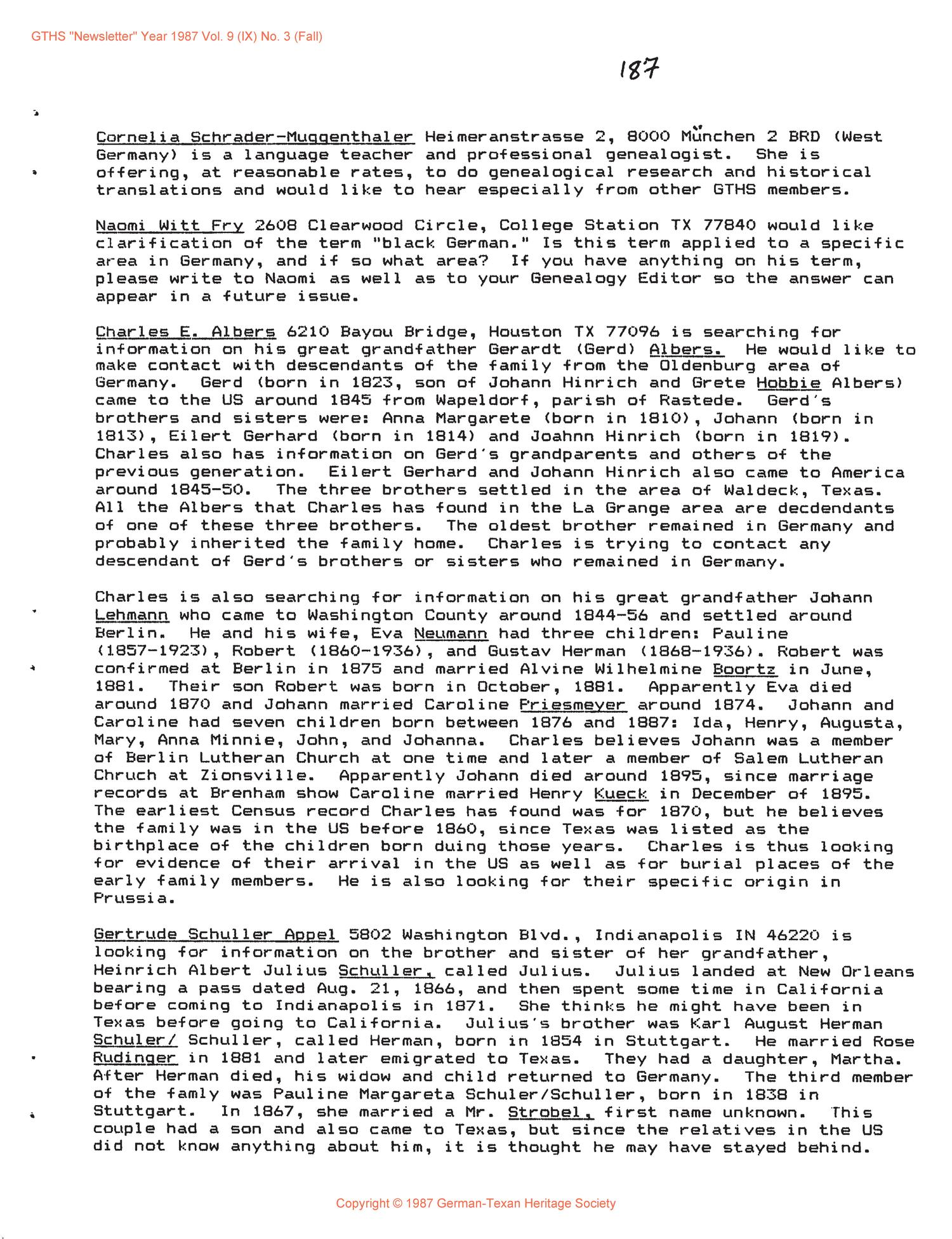 German-Texan Heritage Society Newsletter, Volume 9, Number 3, Fall 1987
                                                
                                                    187
                                                