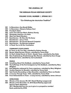 Primary view of object titled 'German-Texan Heritage Society, The Journal, Volume 33, Number 1, Spring 2011'.
