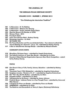 German-Texan Heritage Society, The Journal, Volume 35, Number 1, Spring 2013