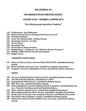 Primary view of object titled 'German-Texan Heritage Society, The Journal, Volume 35, Number 4, Winter 2013'.