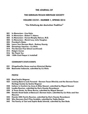 German-Texan Heritage Society, The Journal, Volume 36, Number 1, Spring 2014