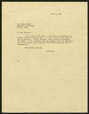 [Letter from Isaac H. Kempner to Price Daniel, March 2, 1962]