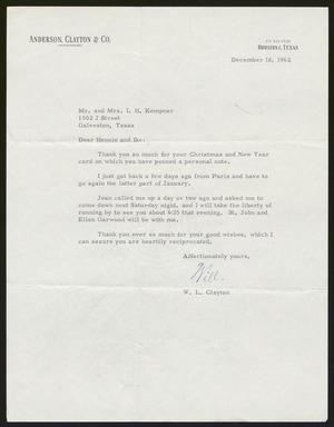 Primary view of object titled '[Letter from W. L. Clayton to Henrietta Kempner and Isaac H. Kempner, December 18, 1962]'.