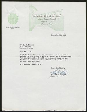 [Letter from A. Stanley Dreyfus to Isaac H. Kempner, September 13, 1962]